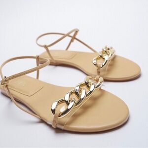 Zara Elegant tan and Gold Chain trim Sandals / flats - NWT